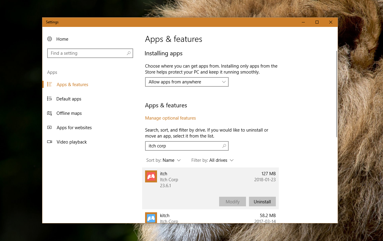 Windows 10 应用和功能中的卸载入口
